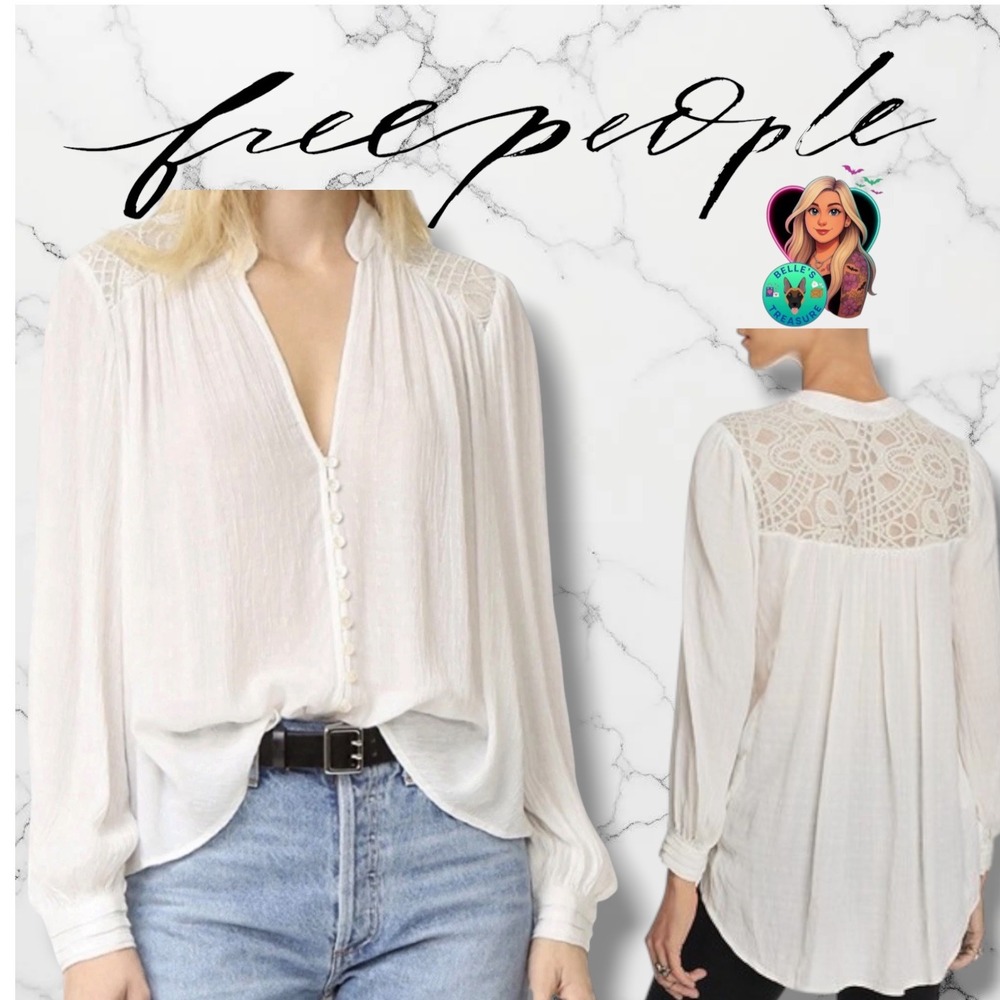 Free People Womens Small Ivory Lace Gauze Button Front Oversized Boho Blouse
